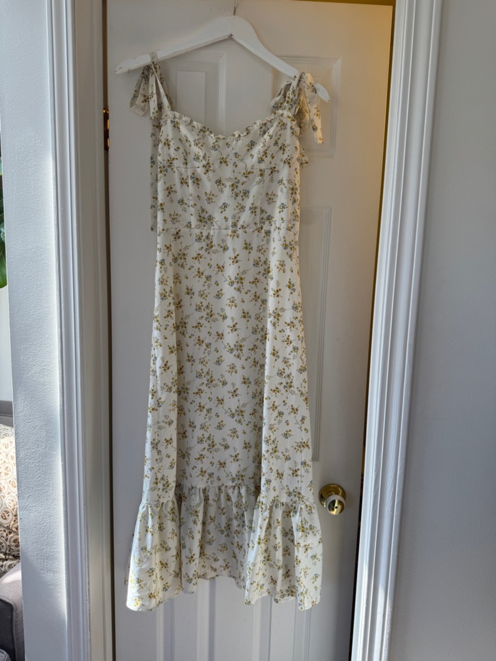 Floral Tie-Shoulder Maxi Dress in Cream and Olive